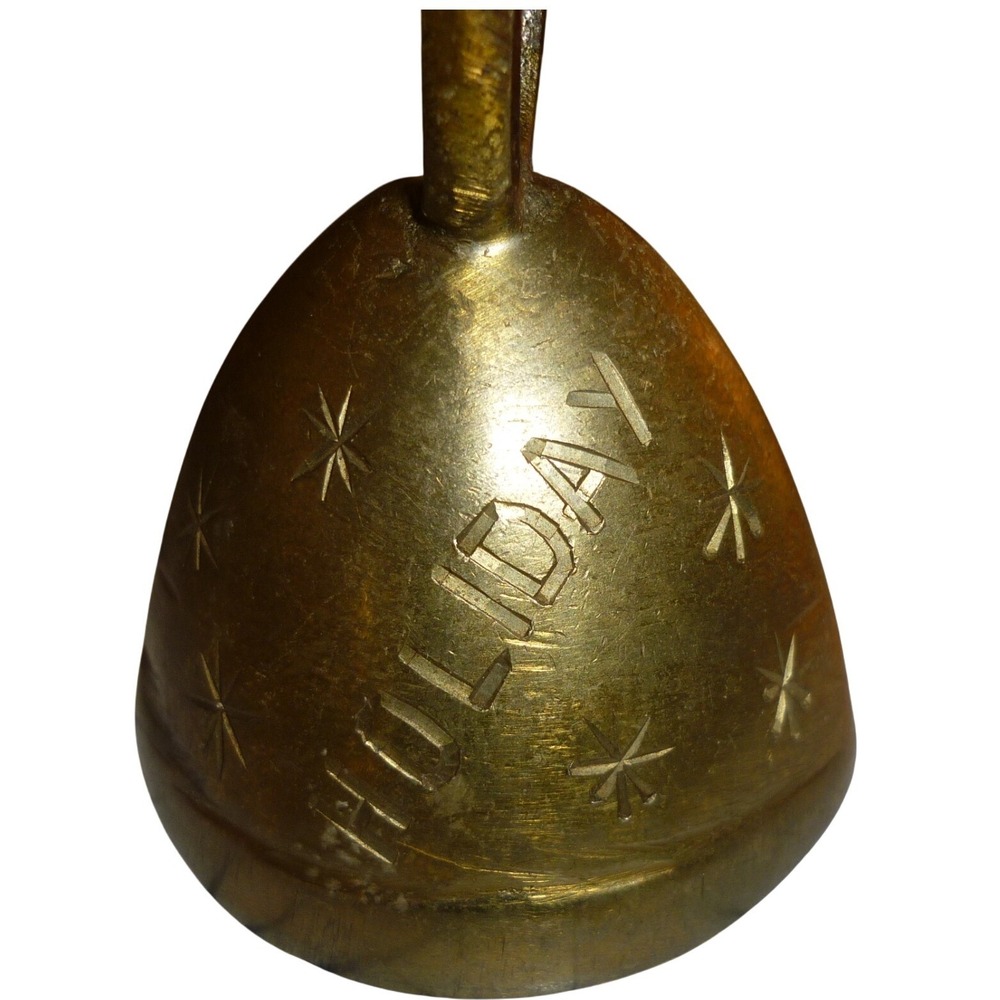 Vintage Brass Christmas Bell Happy Holiday Star Pattern Gold Tone 2.5 Inch